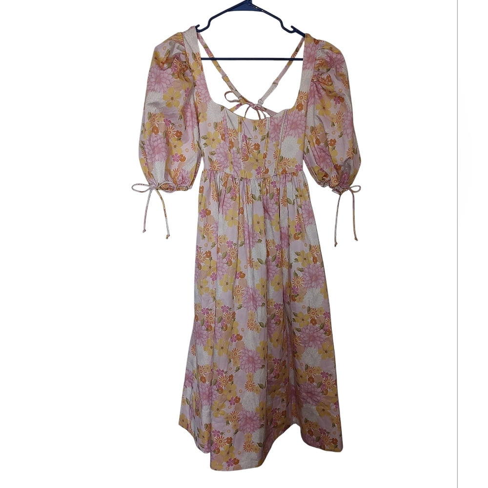 For Love And Lemons Carrie Floral Milkmaid Style Midi Dress With Puff Sleeves - Picture 2 of 6